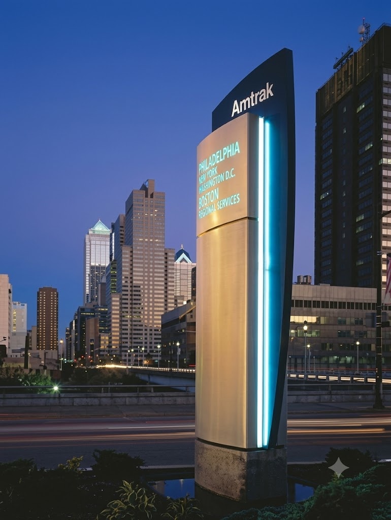 Amtrak Night Illuminated Pylon Sign